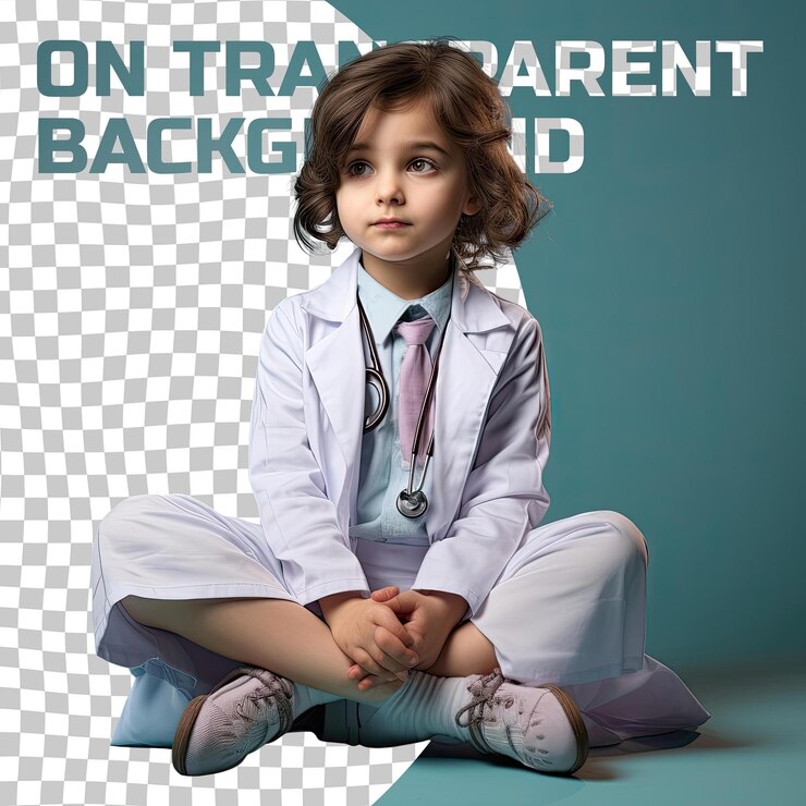 PSD exasperated east asian child girl doctor in training poses pastel periwinkle background 100 characters