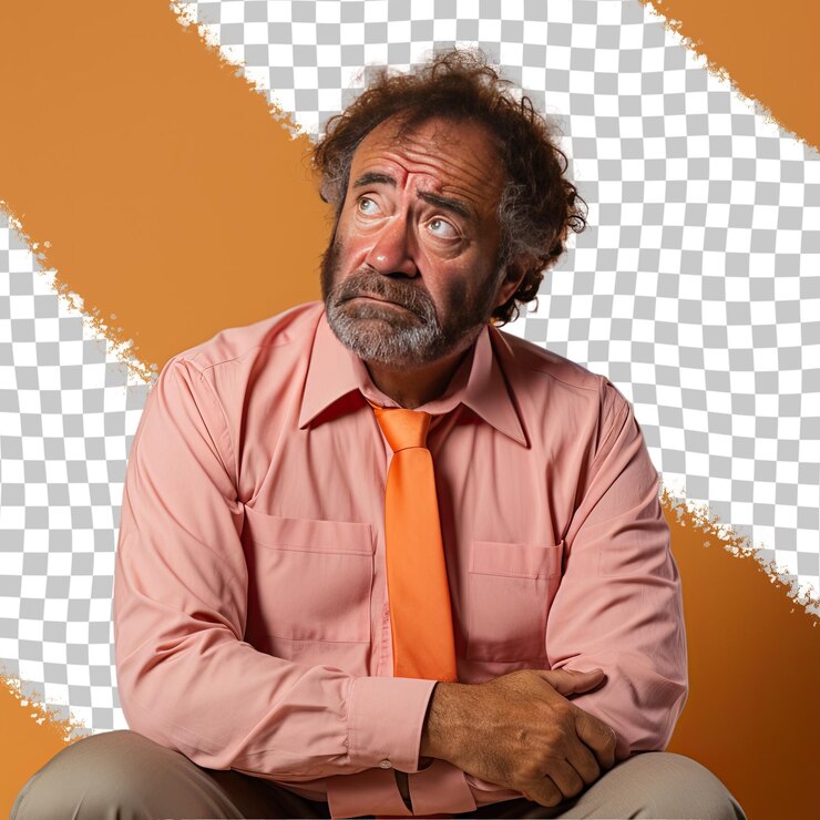 PSD a exasperated middle aged man with kinky hair from the pacific islander ethnicity dressed in office clerk attire poses in a standing with crossed ankles style against a pastel tangerine bac