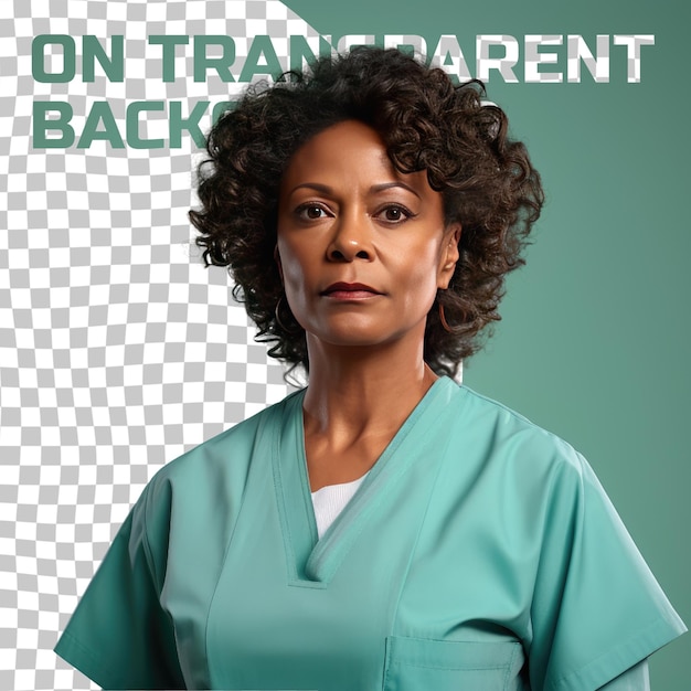 A exasperated middle aged woman with wavy hair from the african american ethnicity dressed in respiratory therapist attire poses in a one shoulder forward style against a pastel green backg