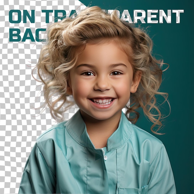 PSD a exasperated preschooler girl with blonde hair from the south asian ethnicity dressed in medical scientist attire poses in a tilted head with a grin style against a pastel turquoise backgro