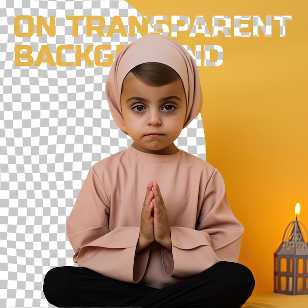 PSD a exasperated preschooler girl with short hair from the middle eastern ethnicity dressed in making homemade candles attire poses in a seated with one hand raised style against a pastel apri