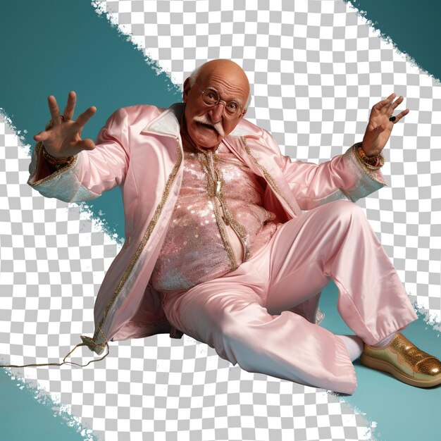 PSD a exasperated senior man with bald hair from the west asian ethnicity dressed in dancing to music attire poses in a lying down with head propped up style against a pastel blue background