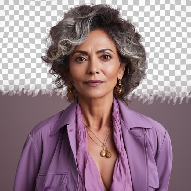 PSD a exasperated senior woman with wavy hair from the south asian ethnicity dressed in landscape architect attire poses in a intense direct gaze style against a pastel lavender background