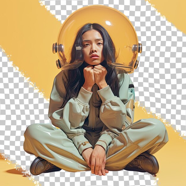 PSD a exasperated young adult woman with long hair from the east asian ethnicity dressed in diving underwater attire poses in a seated with head resting on hand style against a pastel cream bac