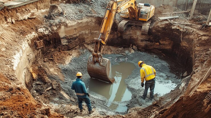 PSD excavator digging a deep hole workers inspecting muddy water