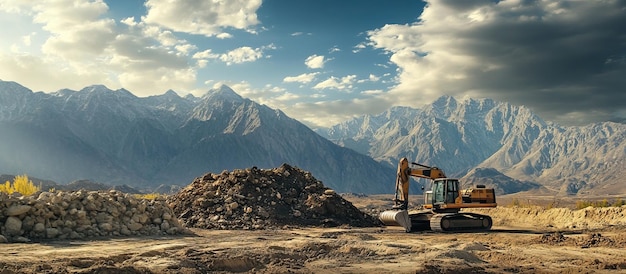 Excavator in Mountainous Landscape