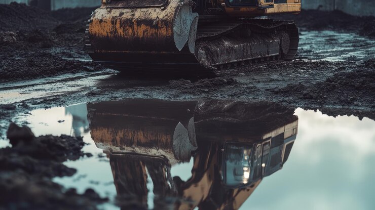 PSD excavator reflected in puddle on construction site