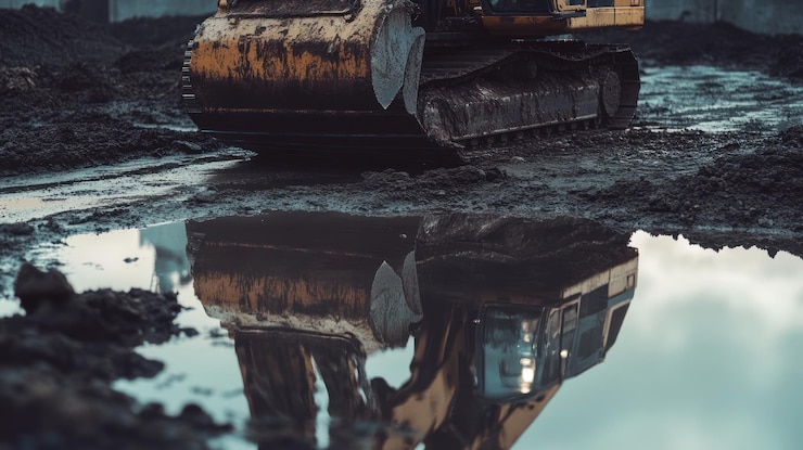 PSD excavator reflected in puddle on construction site
