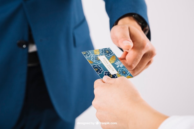 exchanging business card mockup