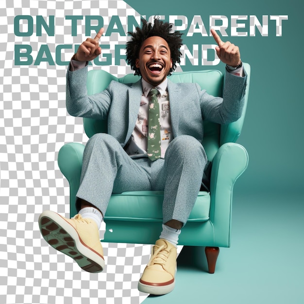 PSD a excited adult man with kinky hair from the east asian ethnicity dressed in market research analyst attire poses in a sitting with legs stretched out style against a pastel teal background