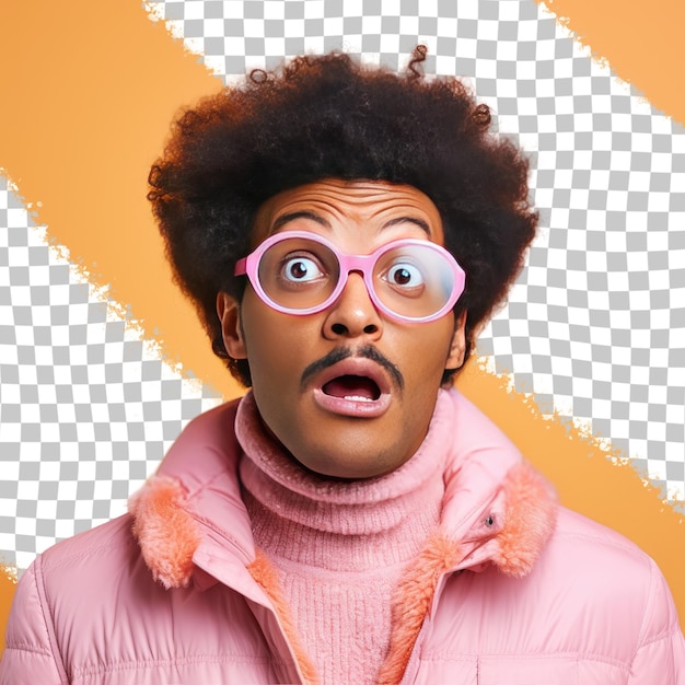 PSD a excited adult man with kinky hair from the nordic ethnicity dressed in conservationist attire poses in a close up of eyes style against a pastel peach background