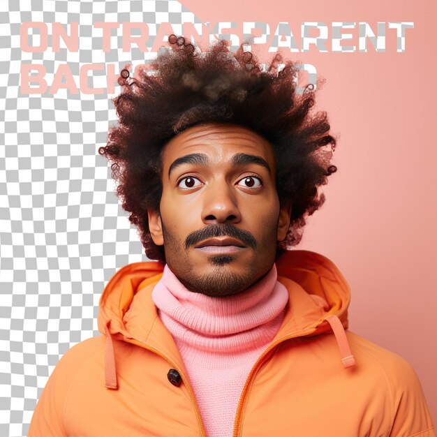 A excited adult man with kinky hair from the nordic ethnicity dressed in conservationist attire poses in a close up of eyes style against a pastel peach background