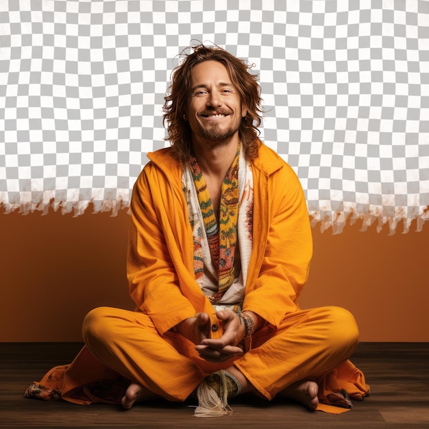 PSD a excited adult man with wavy hair from the slavic ethnicity dressed in anthropologist attire poses in a sitting cross legged on the floor style against a pastel tangerine background