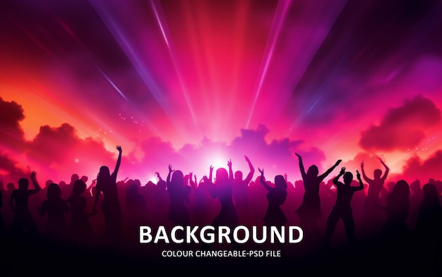 an excited audience on a colorful music notes background