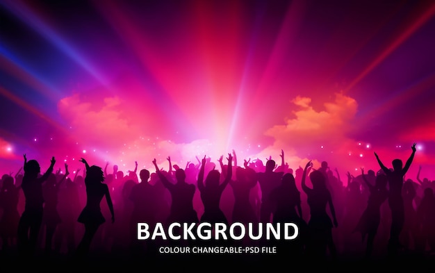an excited audience on a colorful music notes background