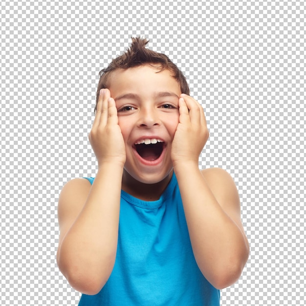 顔に手をかぶった興奮した少年