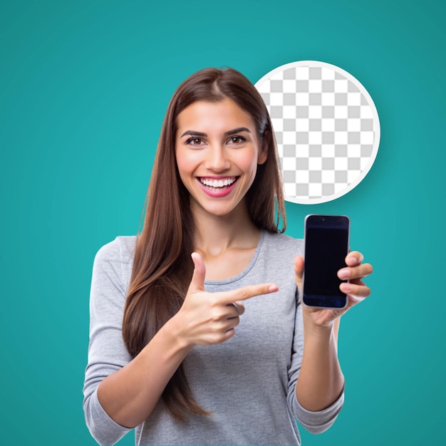 PSD excited brunette girl smiling amazed and pointing at smartphone screen