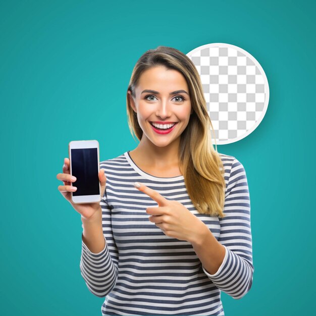 PSD excited brunette girl smiling amazed and pointing at smartphone screen