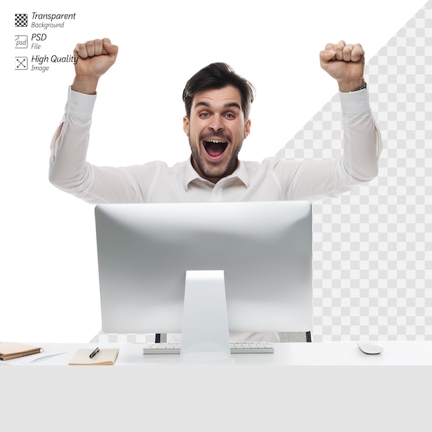 PSD excited businessman celebrating success at computer desk