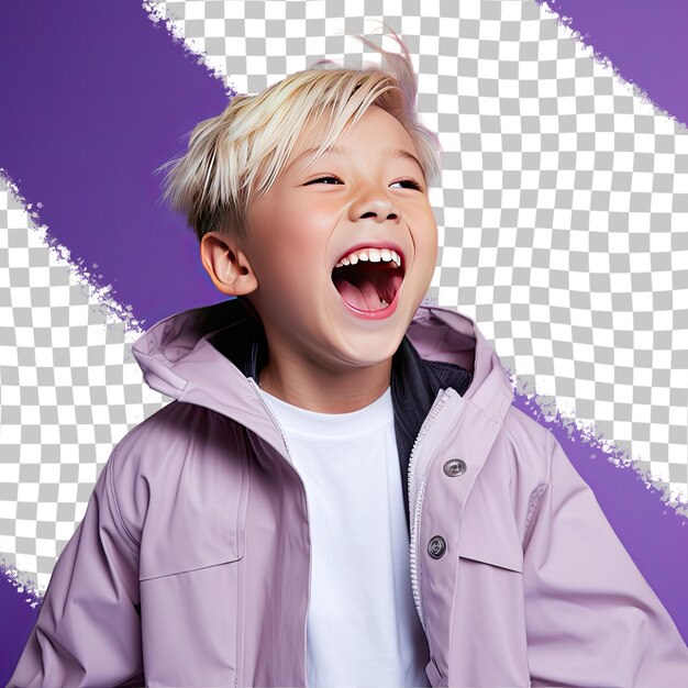 PSD a excited child boy with blonde hair from the southeast asian ethnicity dressed in meteorologist attire poses in a dramatic shadow play style against a pastel lilac background