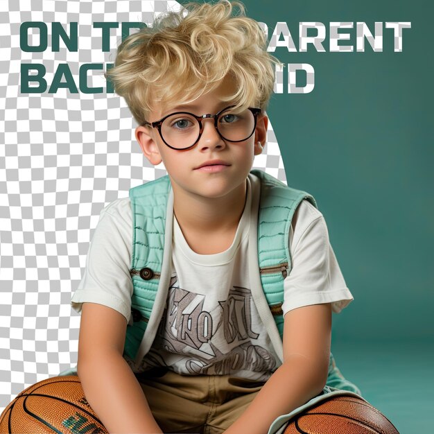 PSD un bambino eccitato con i capelli biondi dell'etnia del sud-est asiatico vestito con abiti da basket posa in stile eyes looking over glasses su uno sfondo di menta pastello