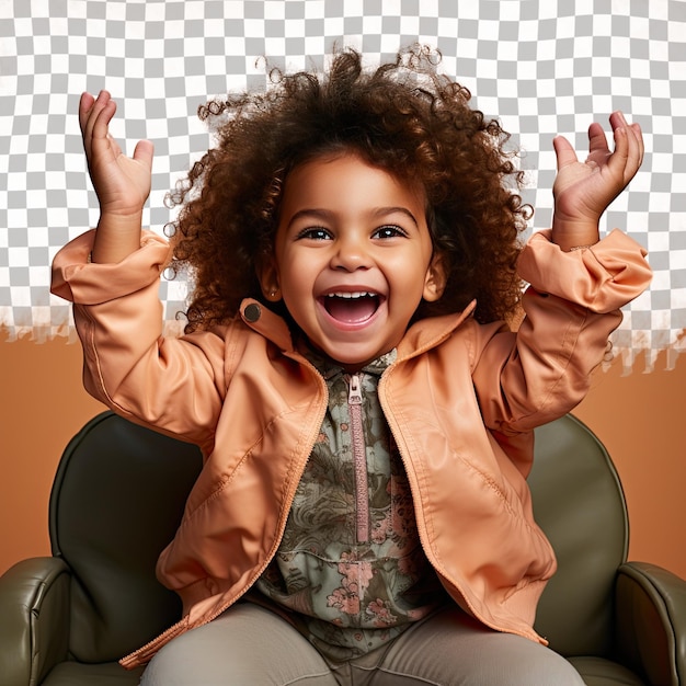 A excited child girl with kinky hair from the west asian ethnicity dressed in model attire poses in a seated with one hand raised style against a pastel peach background