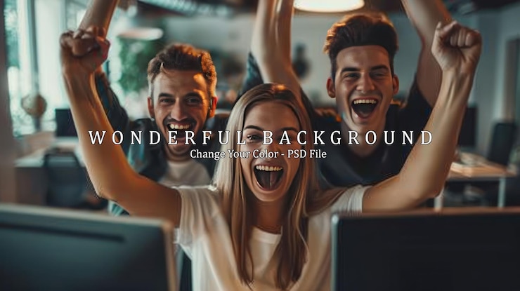 PSD excited friends celebrating success in front of computer screens