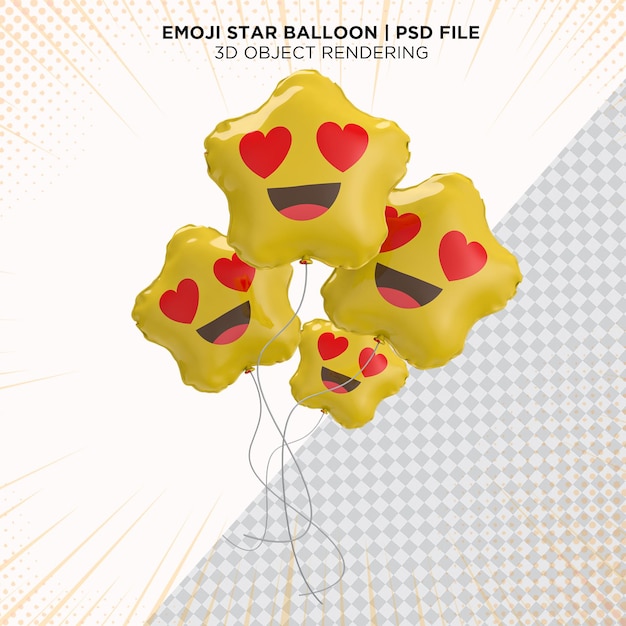 Excited love face emoji four balloon star floating style 3d rendering isolated