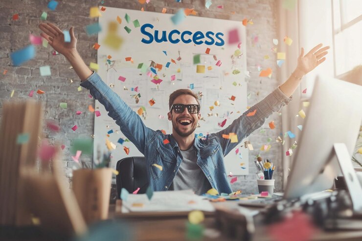 PSD excited man celebrating success in office confetti flying