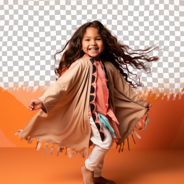 PSD a excited preschooler girl with long hair from the native american ethnicity dressed in podiatrist attire poses in a dramatic shadow play style against a pastel coral background