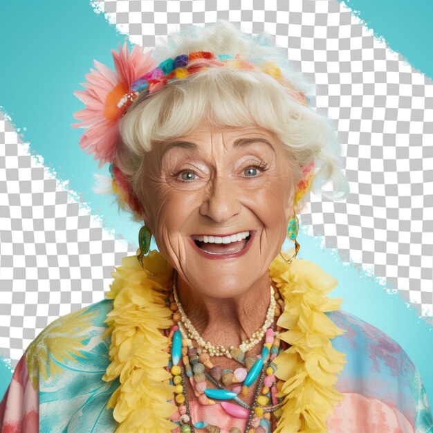 A excited senior woman with blonde hair from the pacific islander ethnicity dressed in artist attire poses in a close up of eyes style against a pastel blue background