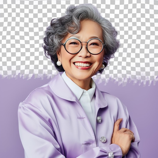 A excited senior woman with kinky hair from the east asian ethnicity dressed in chemist attire poses in a profile silhouette style against a pastel lilac background