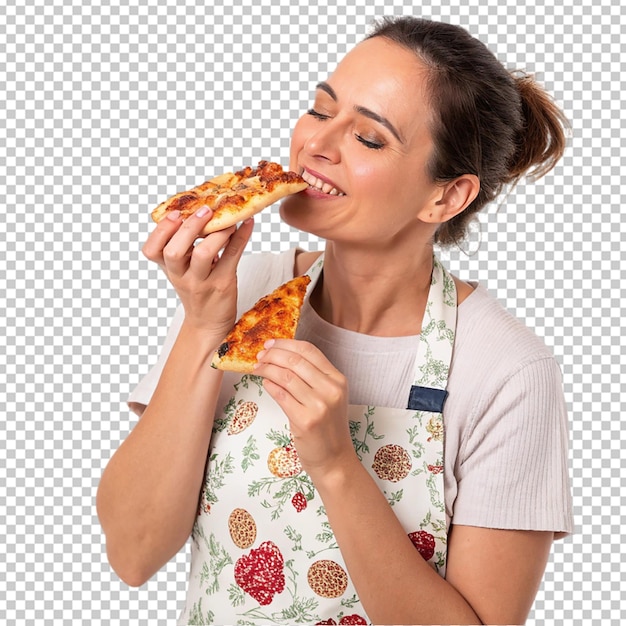 Excited woman biting a slice of pizza isolated on white background