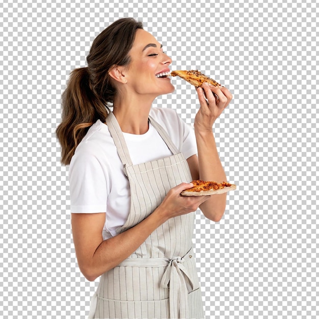 Excited woman biting a slice of pizza isolated on white background
