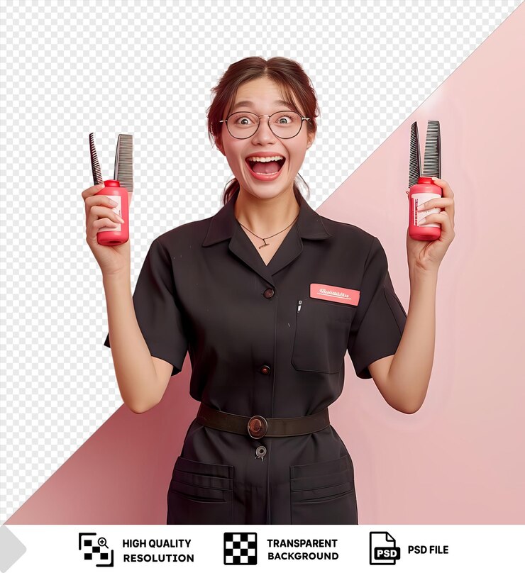 PSD excited woman holding hair combs and hair dye against a transparent background