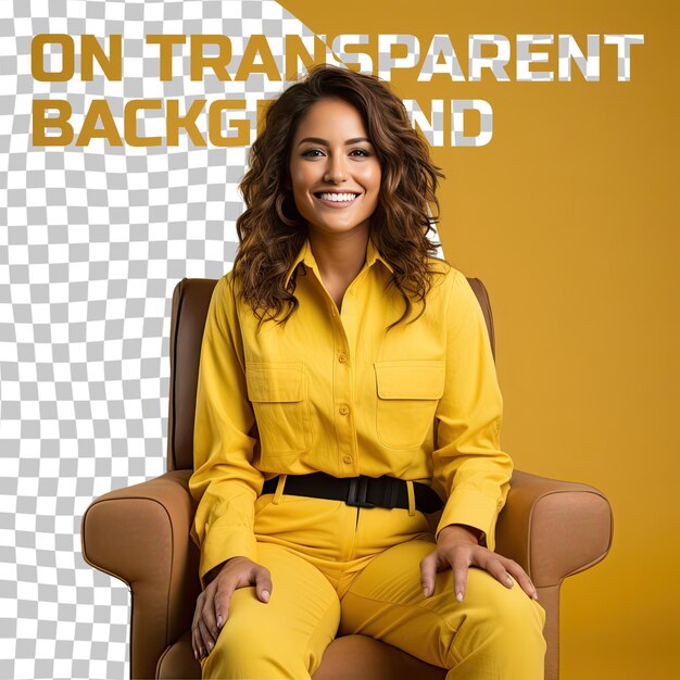PSD a excited young adult woman with curly hair from the hispanic ethnicity dressed in firefighter attire poses in a laid back chair lean style against a pastel lemon background