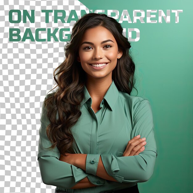 A excited young adult woman with long hair from the hispanic ethnicity dressed in customer service representative attire poses in a crossed arms confidence style against a pastel green backg