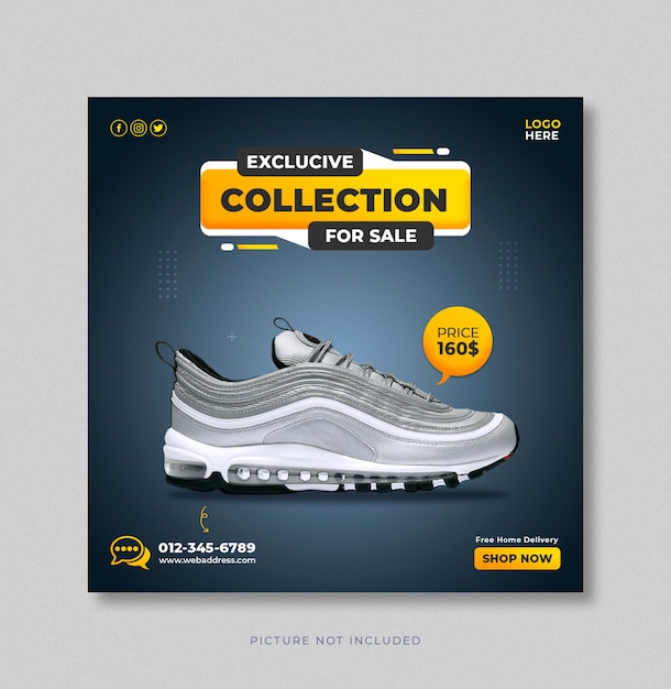 Modello di banner post sui social media per la vendita di scarpe da collezione esclusiva