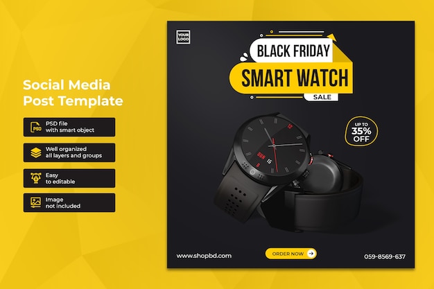 PSD banner di post sui social media per la vendita del black friday esclusivo di smartwatch