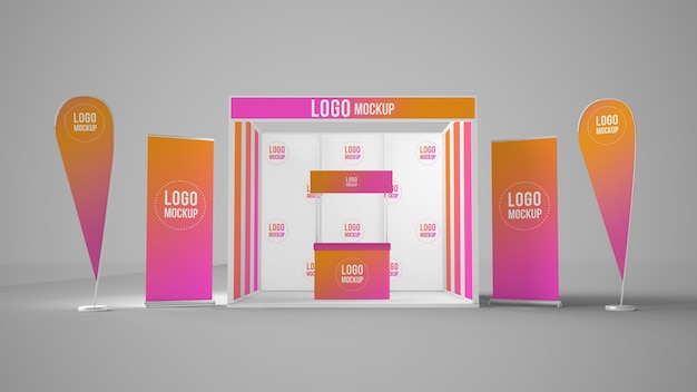 PSD exhibition booth mockup with banners and rollups