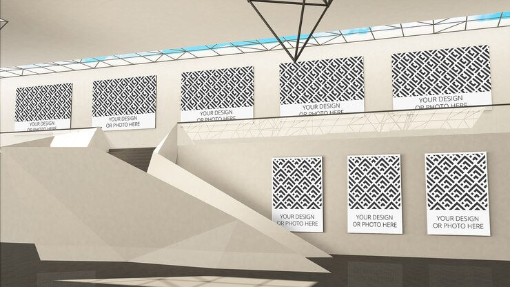 PSD exhibition gallery mockup with images placeholders