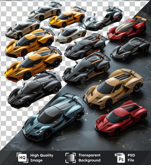 PSD Экзотическая коллекция моделей автомобилей с черными, желтыми, красными и серыми черными автомобилями, выставленными на черном столе