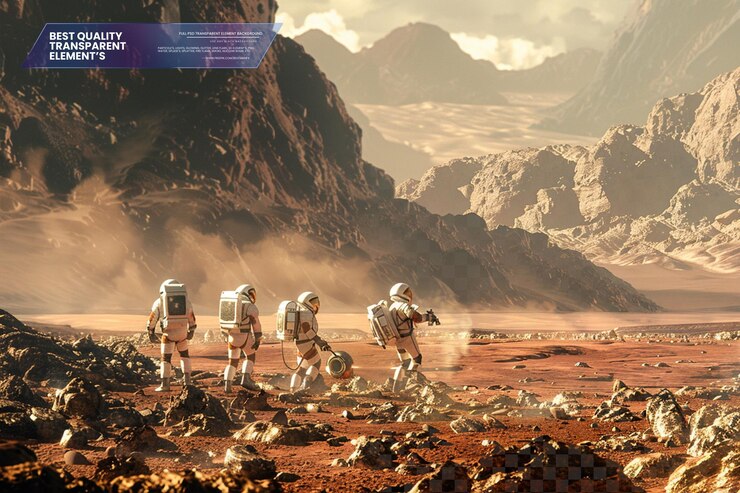 PSD expedition team on mars exploring the rugged martian landscape on transparent background
