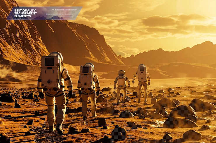 PSD expedition team on mars exploring the rugged martian landscape on transparent background