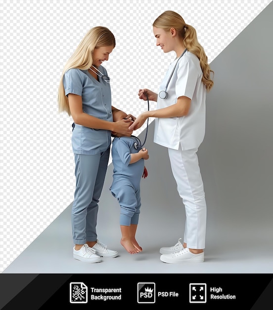 PSD experienced female pediatrician auscultating the heart of the newborn patient in front of a gray and white wall wearing a blue shirt and white pants with long blond hair and png