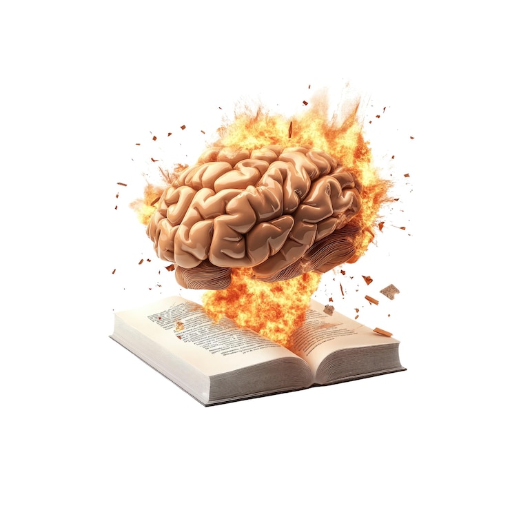 PSD exploding brain over open book