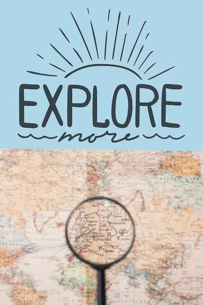 PSD explore more, lettering with world map and magnifying glass
