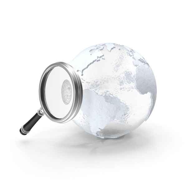 exploring the world a magnifying glass looking at a globe