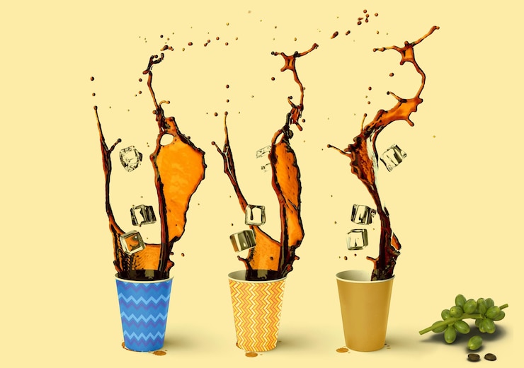 PSD explosion of coffee with a cup and ice mockup