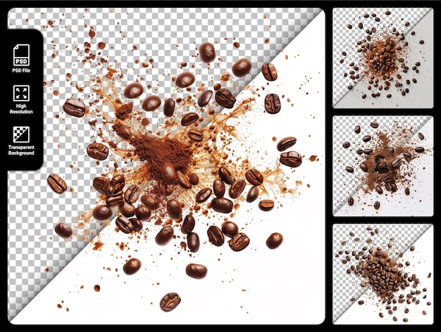 PSD explosive coffee beans and powder top view isolated on a transparent background